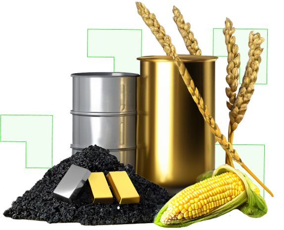 Ölfässer, Goldbarren, Kohle, Weizen und Mais